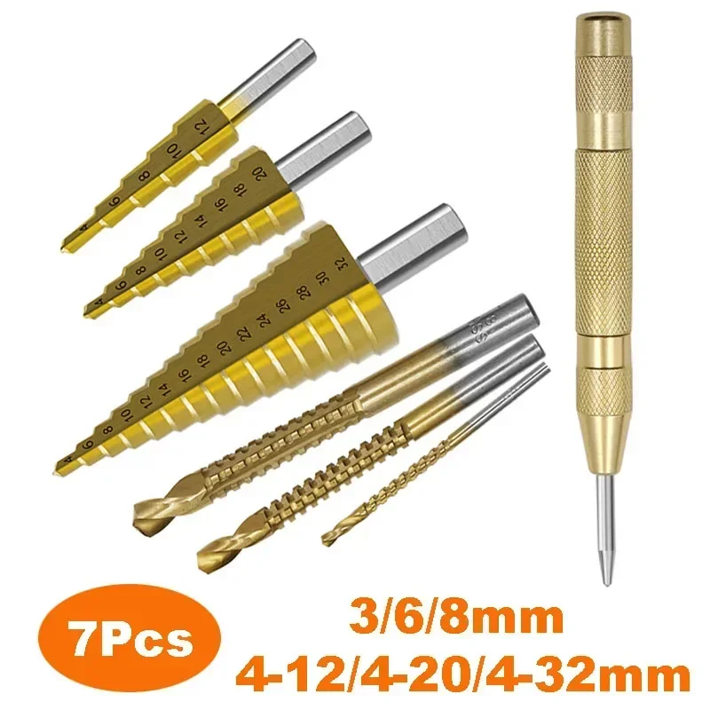 

7PCS Step Drill Bit Saw Drill Set Center Punch Spiral Milling Cutter 4-12 4-20 4-32mm 3 6 8mm Woodwork Metal Core Hole Opener