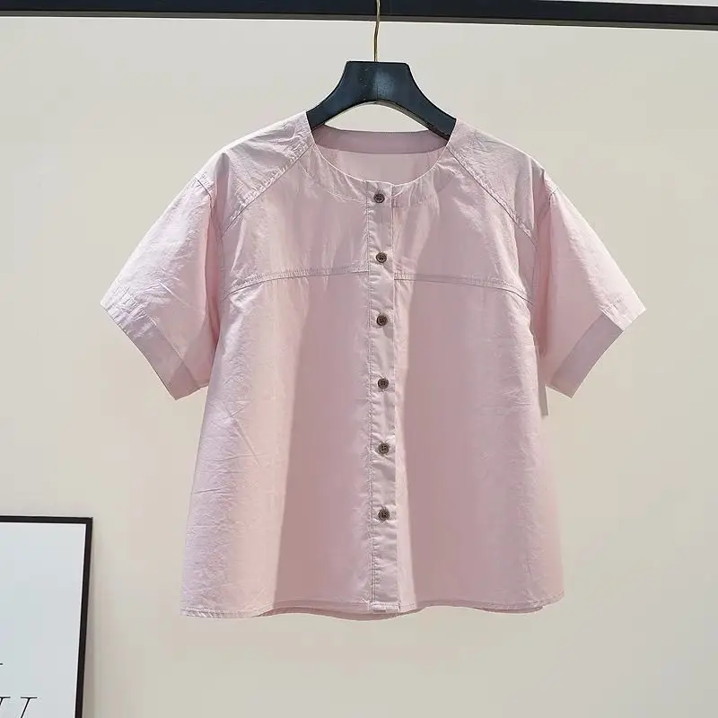 

Cotton Short Sleeved Shirt For Women In Summer 2025, Thin Design With Patchwork Loose Round Neck Top, Versatile Shirt