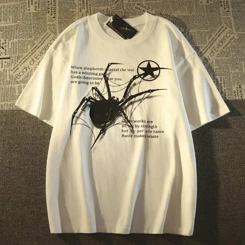 Gothic Dark Style Spider & Star Pattern Short Sleeve T-shirt Summer Loose Basic Top Retro Grunge Insect Graphic Hip Hop Wear