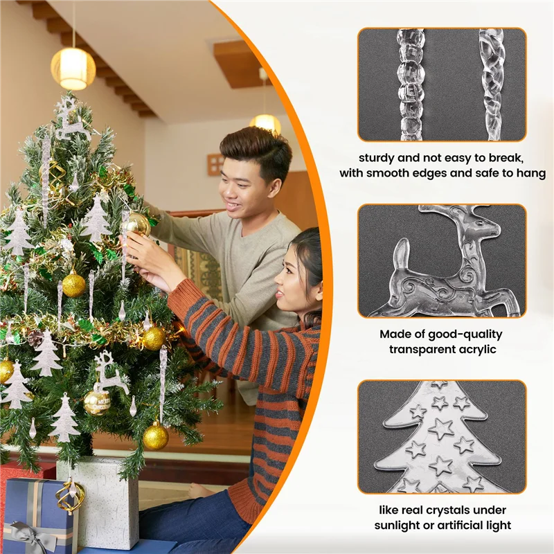 A59E-Christmas Tree Clear Acrylic Icicle Ornaments Crystal Icicle Drop Hanging Pendants For Xmas New Year Decor