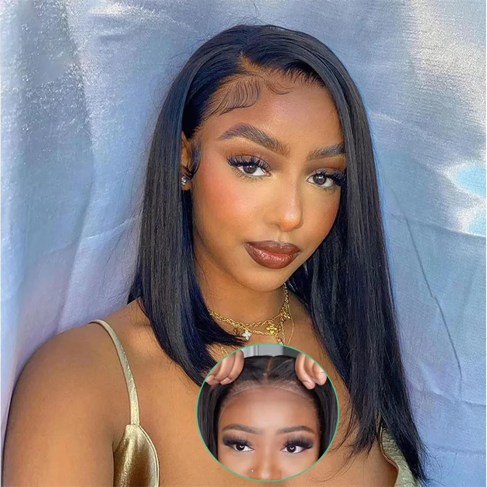 Wear and Go Straight Bob 4x4 Lace Closure Wigs Human Hair For Women Brazilian Hair Pre Cut with Baby Hair Straight Bob Wig Glueless Easy To Wear Natural Color