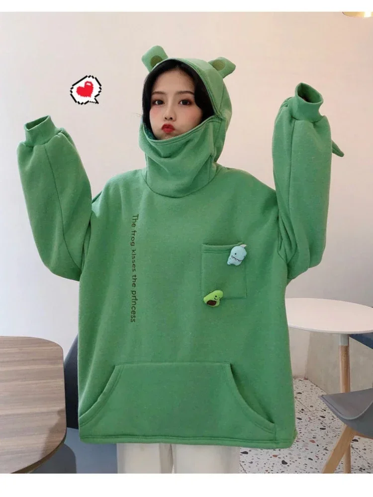 

S-3XL Frog Zipper Hoodie Fleece Lined Springtime Embroidery oversized Sweatshirt Harajuku Warm Pullover Korean Style Dropship