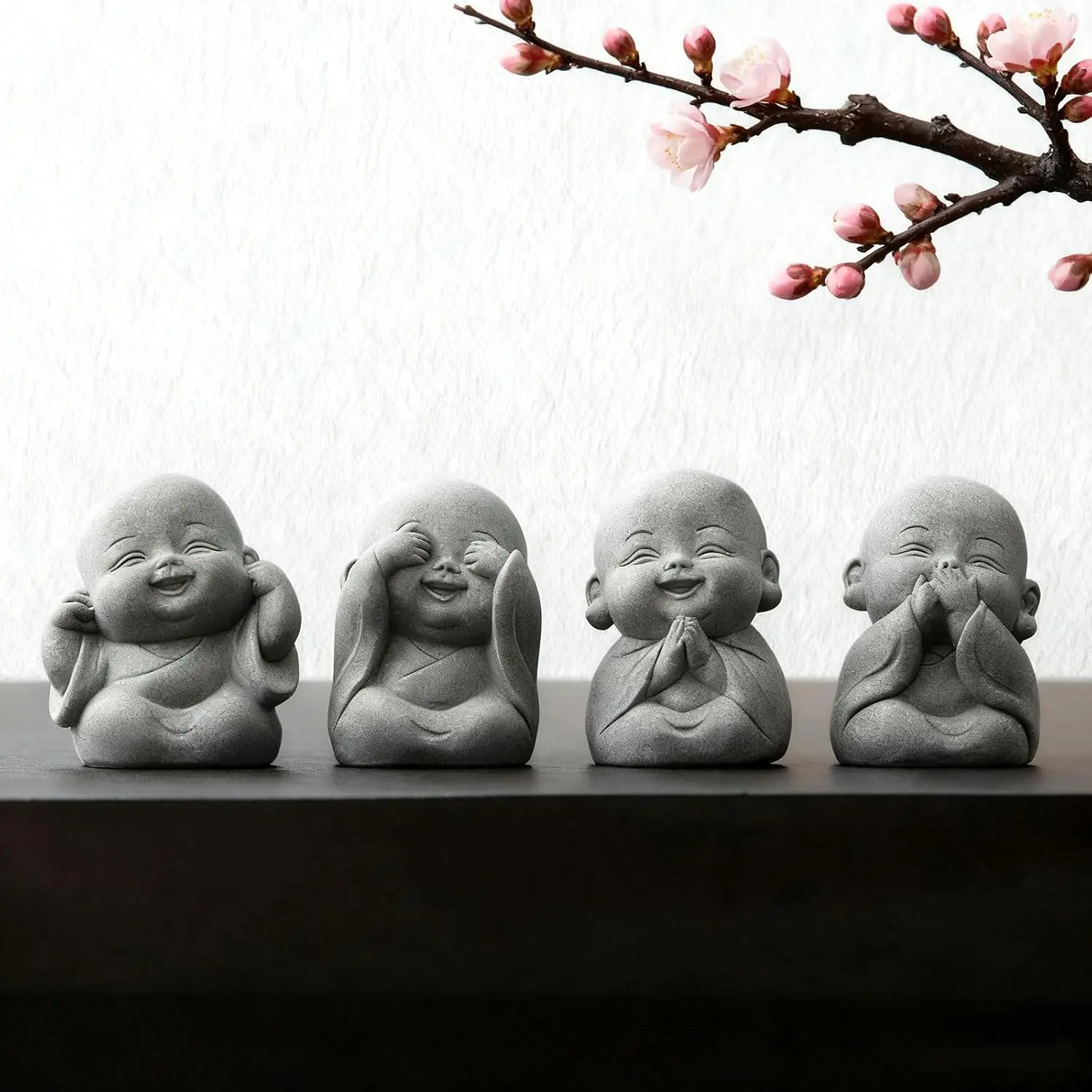 4Pcs Baby Buddha Statue Set, 2 Inch Mini Zen Monk, Sandstone Buddha for Desk Decor