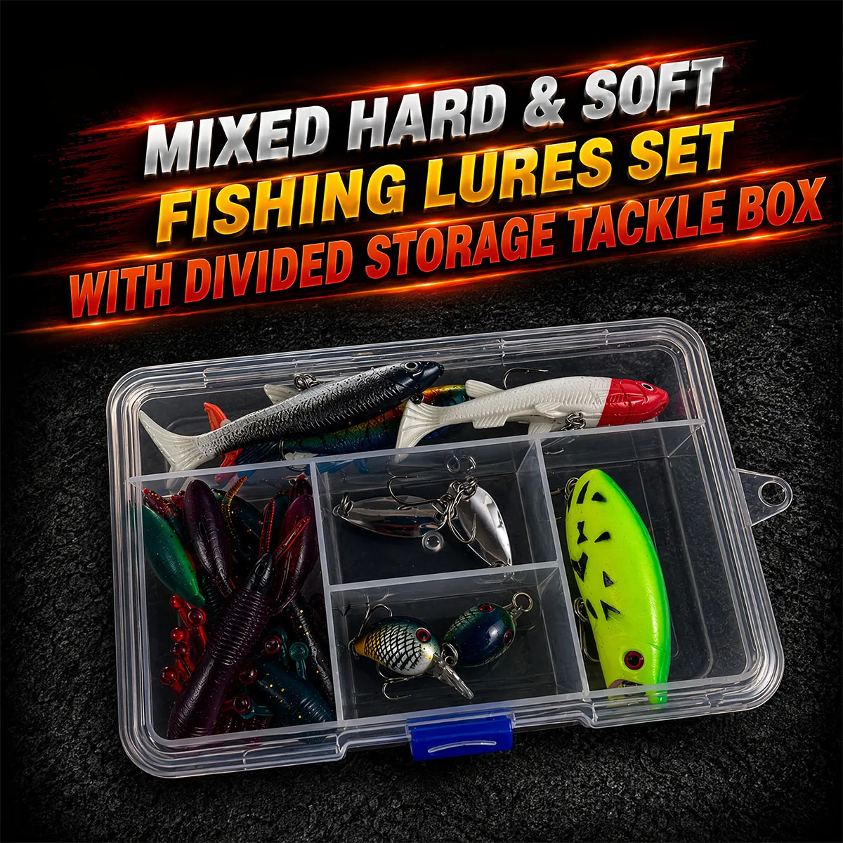 Mixed Hard & Soft Fishing Lures Set, Assorted Artificial Bait Kit Including CrankbaitSpoon Soft Lures With Divided Tackle Box
