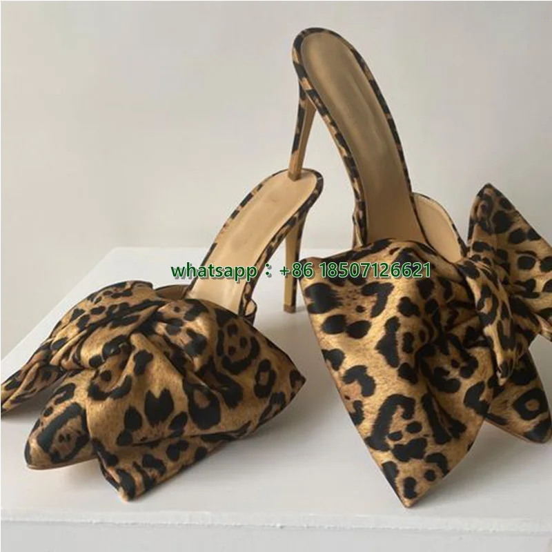 

Leopard Print Bow Decoration Half Slippers Stiletto Pointed Slip-On High Heels For Women