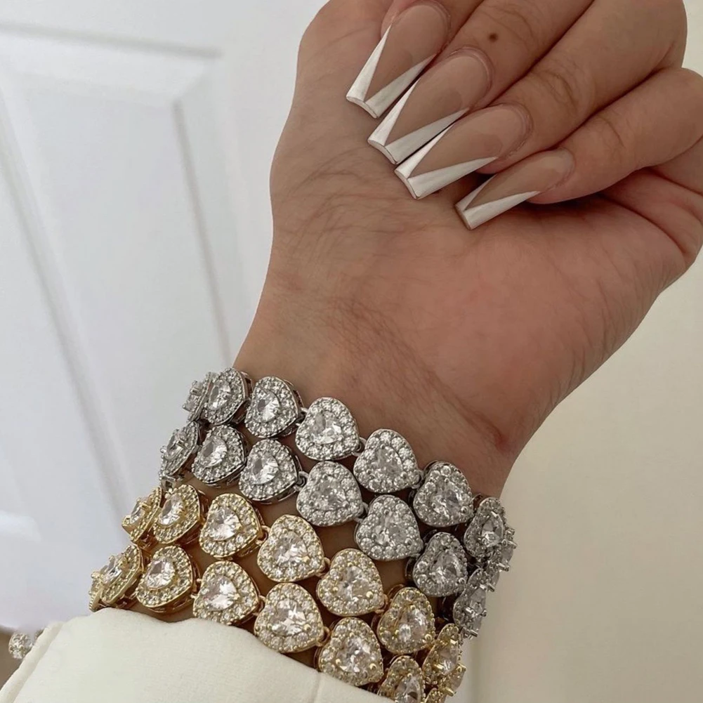 New Trendy Iced Out Full Rhinestones Heart Bracelet For Women Bling Love Heart Hand Link Tennis Chain Bracelets Hip Hop Jewelry