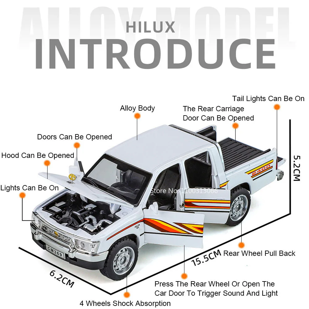 1:32 Hilux TUNDRA Odlewane Metalowe Zabawki Samochody Modele Koła Pull Back Miniaturowy Samochód ze Światłem i Dźwiękiem Pojazdy dla Chłopców Prezenty Urodzinowe