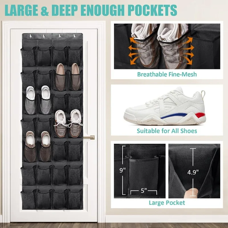 Over The Door Shoe Rack with 24 Large Mesh Pockets Hanging Shoe Organizer for Closet Hanging Shoe Rack Holder Hanger