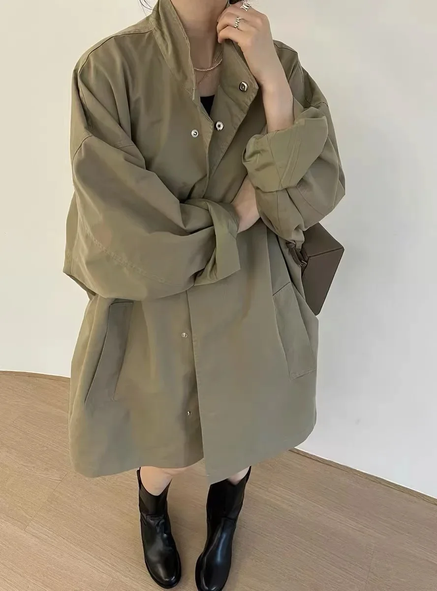 Solid Trench Female Jackets Covered Button Stand Collar Spliced Coat Loose Outerwear Cardigan Pockets Basics 2024 Autumn