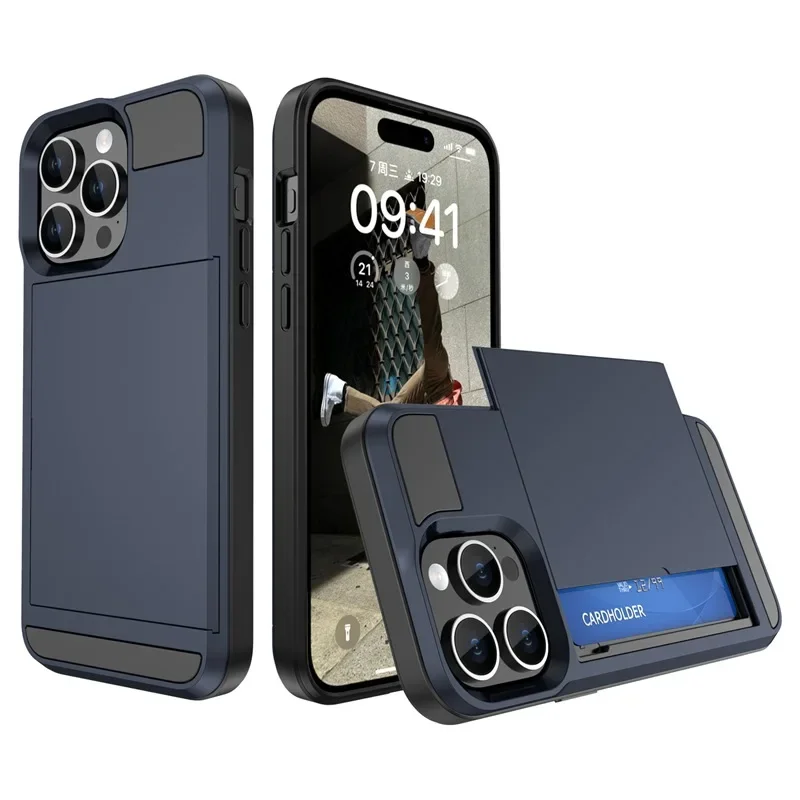 Phone Case for IPhone 16 15 14 Plus 13 12 11 Pro Max Wallet with Card Holder Slot Sliding Pocket Dual Layer Protective Cover