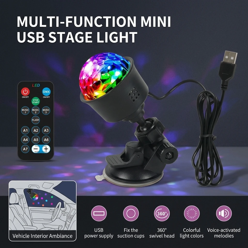 Voice Controlled USB Ambient Light Music Flashing Colorful Rhythm Lamp with Suction Cup for Interior Decoration