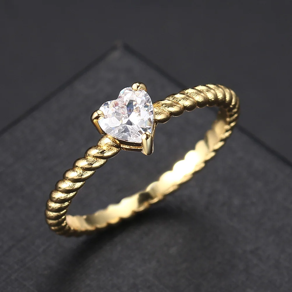 Crystal Heart Rings for Women Minimalist Style Cubic Zirconia Gold Color Ring Wedding Jewlery Valentines Day Gift Wholesale R773