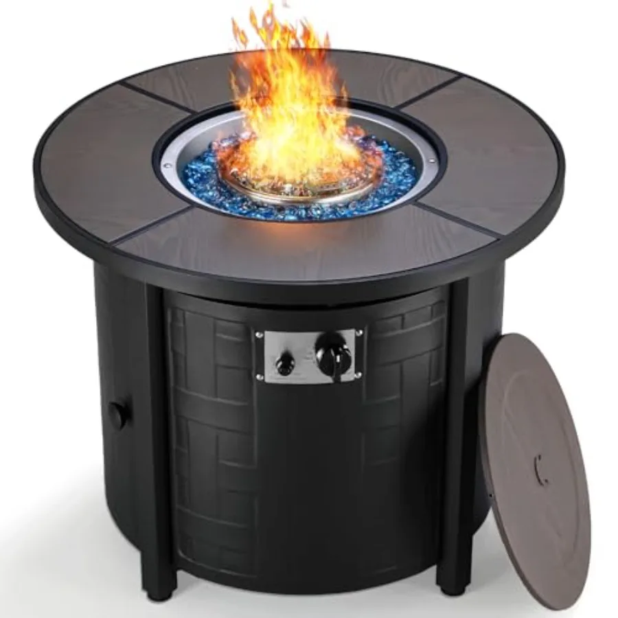 30-Inch Round Propane Fire Pit Table for outdoor use, stainless steel, black, 50, 000 BTU high heat output and weather-resistan