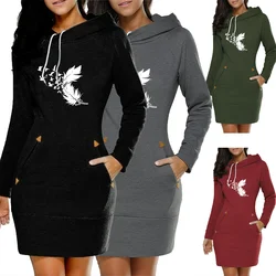 Women Hoodie Dress Sweatshirt Pullover Dress Autumn Winter Feather printed Long Sleeve Slim Pocket Hoodie Dress