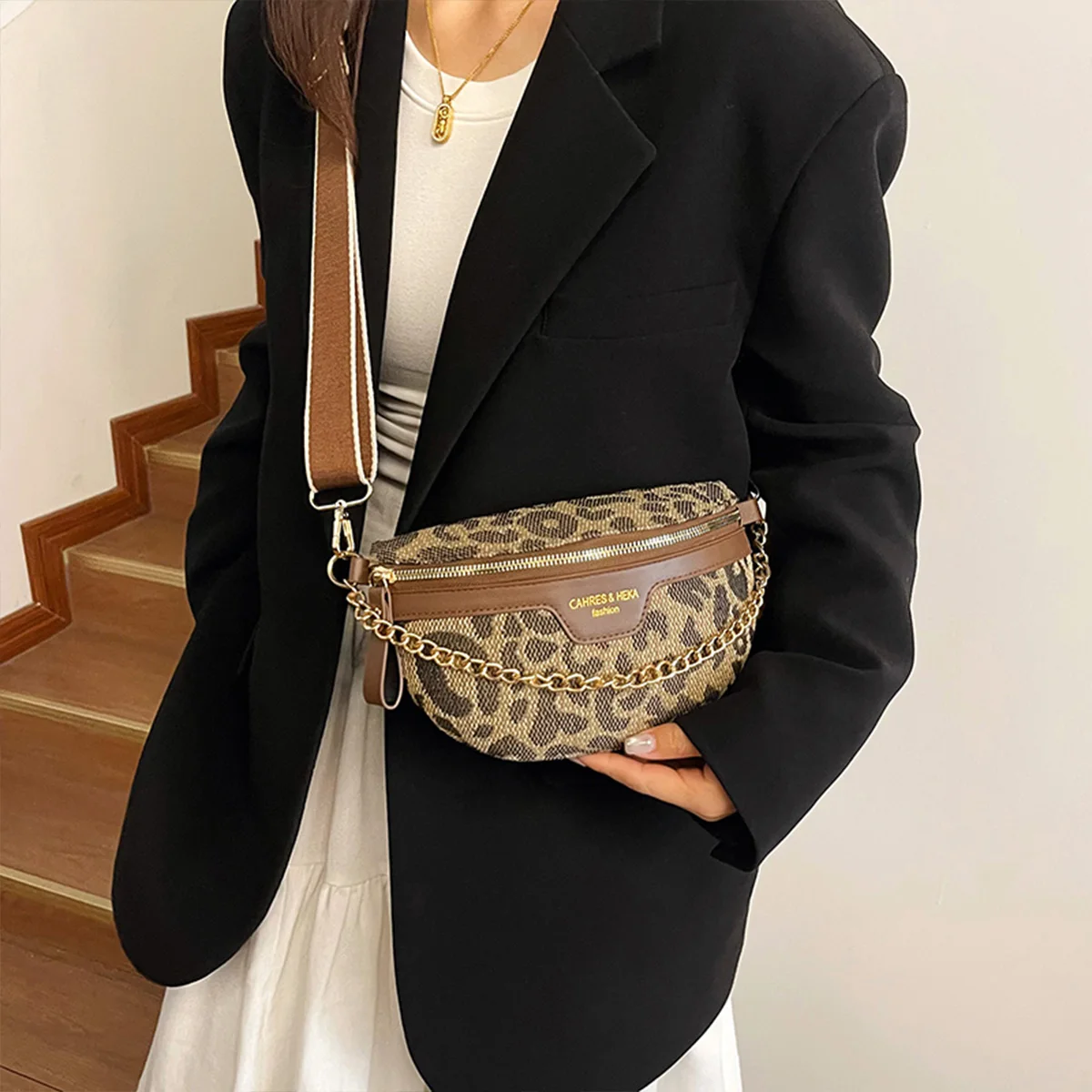 

Letter Logo Leopard Print Crossbody Bag for Women Lightweight Large Capacity Metal Chain Strap Zipper Adjustable Travel Shopping