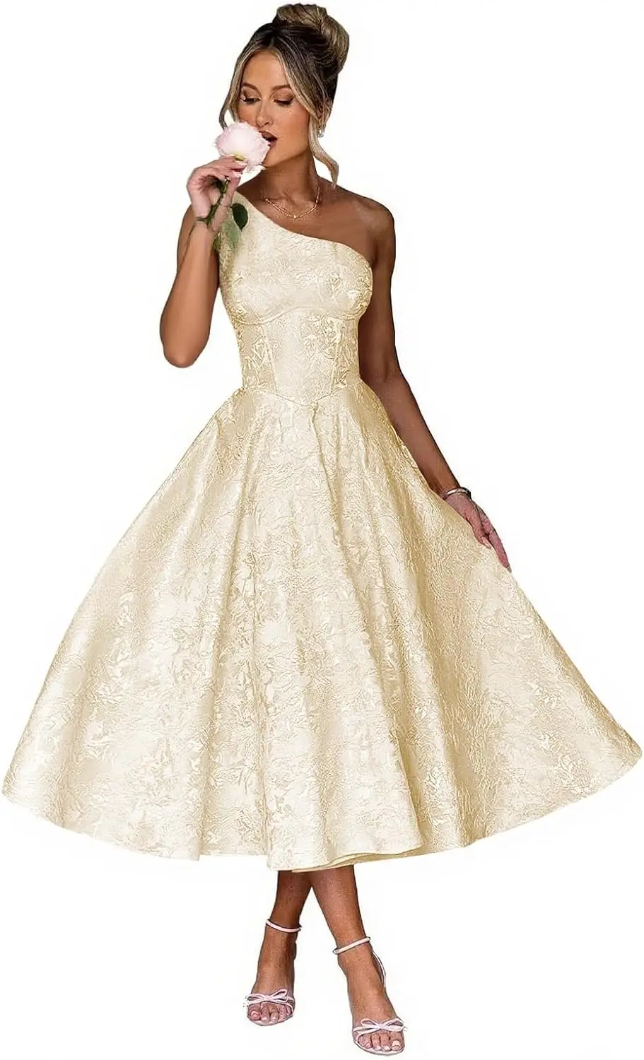 فساتين لحضور الحفلات الموسيقية من قماش الجاكار من الساتان الزهري 2025 بكتف واحد على شكل حرف a ميدي فستان رسمي للحفلات المسائية مع جيوب للنساء