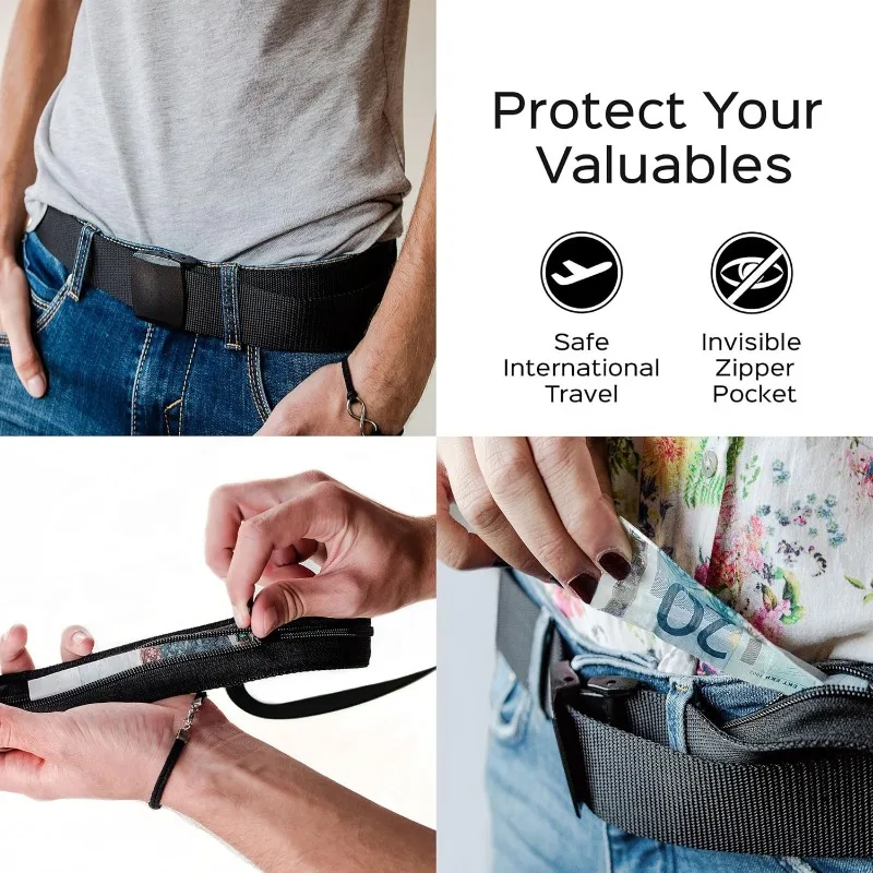 Travel Security Belt with Hidden Pocket Adjustable Cash Strap Slim Waist Wallet for Passport Money Anti-Pickpocket Waist Bag