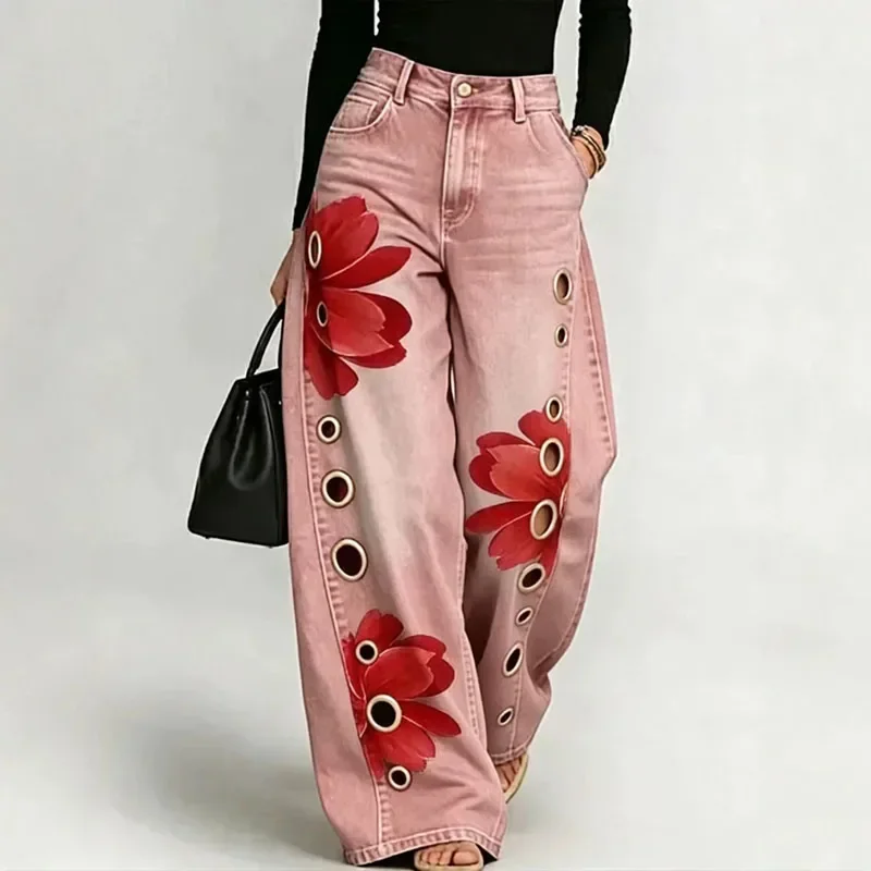 Greenora Wide Leg Jeans Women High Waist Flower Print Button Fly Eyelet Grommet Cutout Loose Denim Pants Punk Hip-hop Streetwear