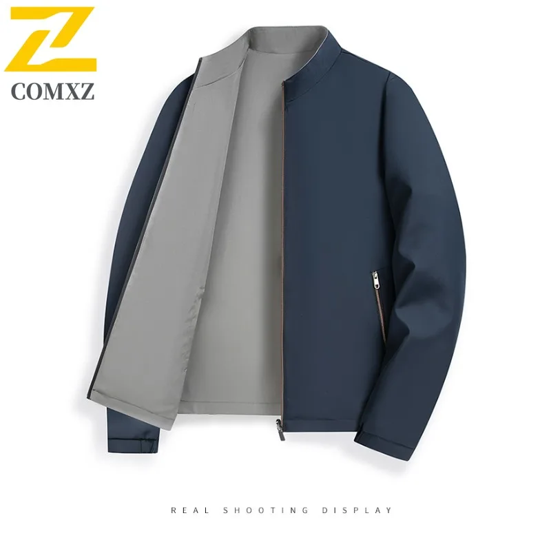 

COMXZ 2025 Мужская двусторонняя куртка, пальто для папы среднего возраста, деловая повседневная универсальная ветровка с воротником-стойкой для руководителей, весна-осень
