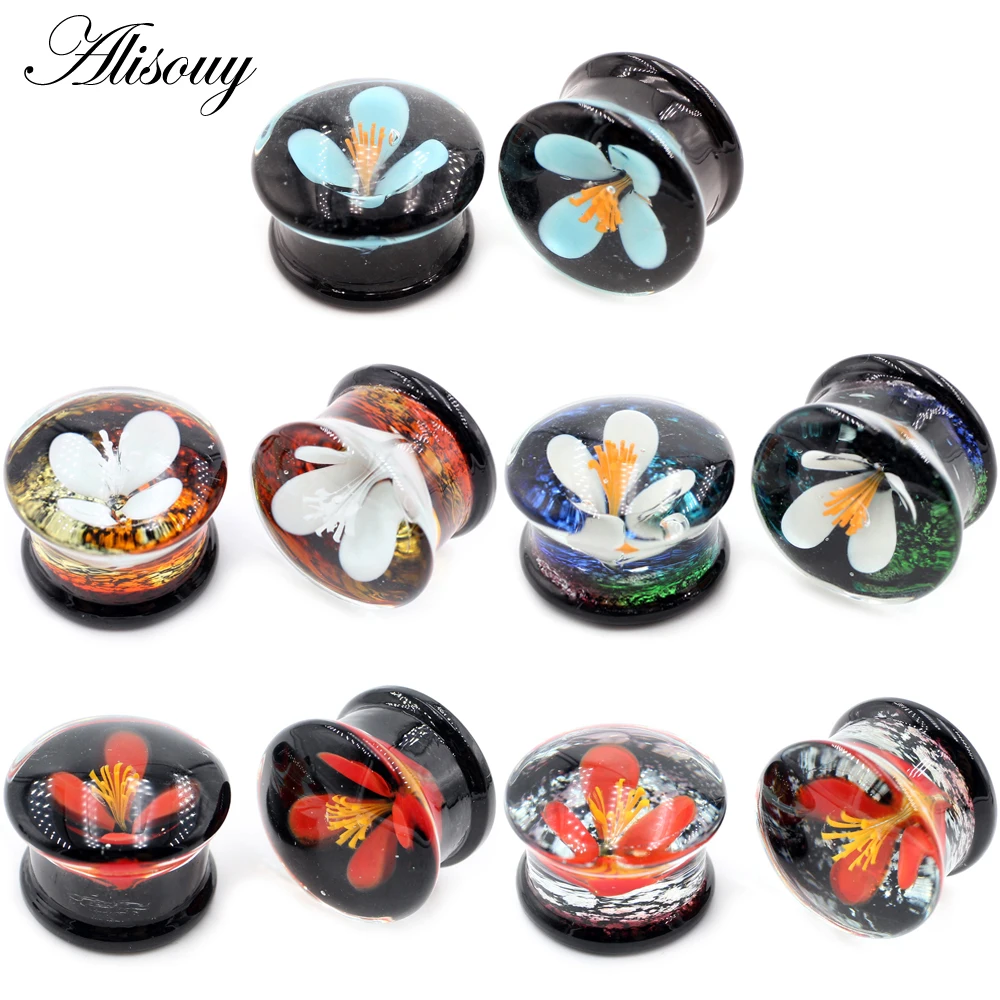 Alisouy 1PC 8-25mm przezroczysty okrągły szklany kwiat tunele do uszu wtyczka tunelowa Flesh nosze Expander kolczyki Piercing biżuteria do ciała