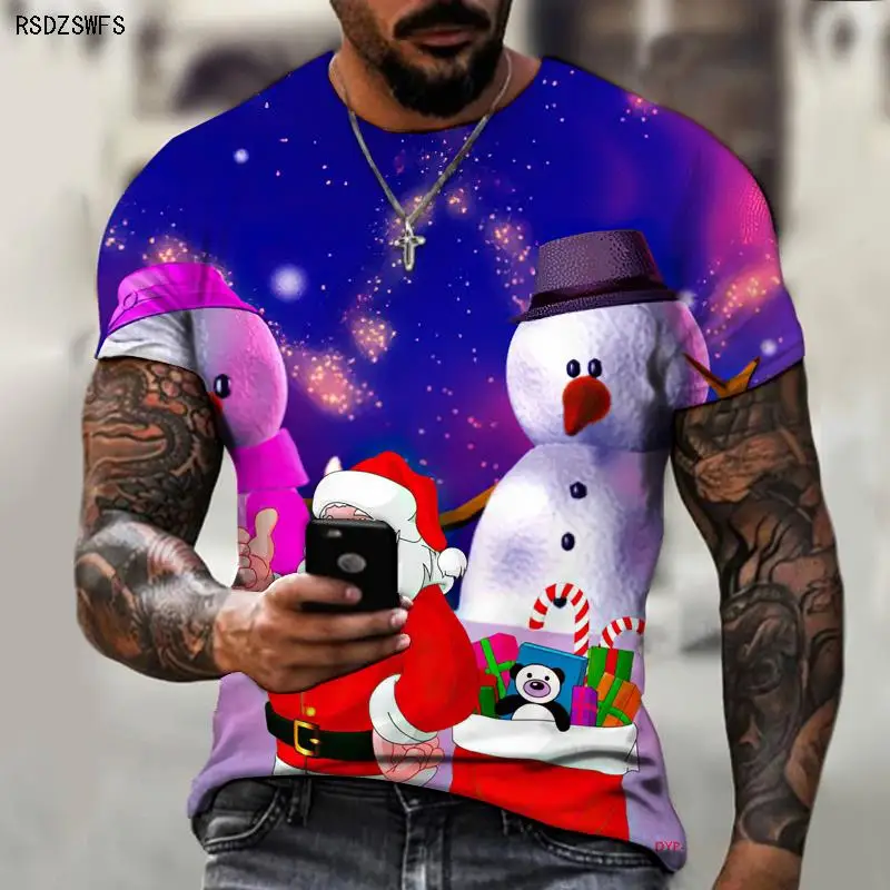 New Men\'s T-shirt Brand Design Christmas Santa Claus Christmas Tree Snowman Western Holiday 3D Printing Oversize 5XL