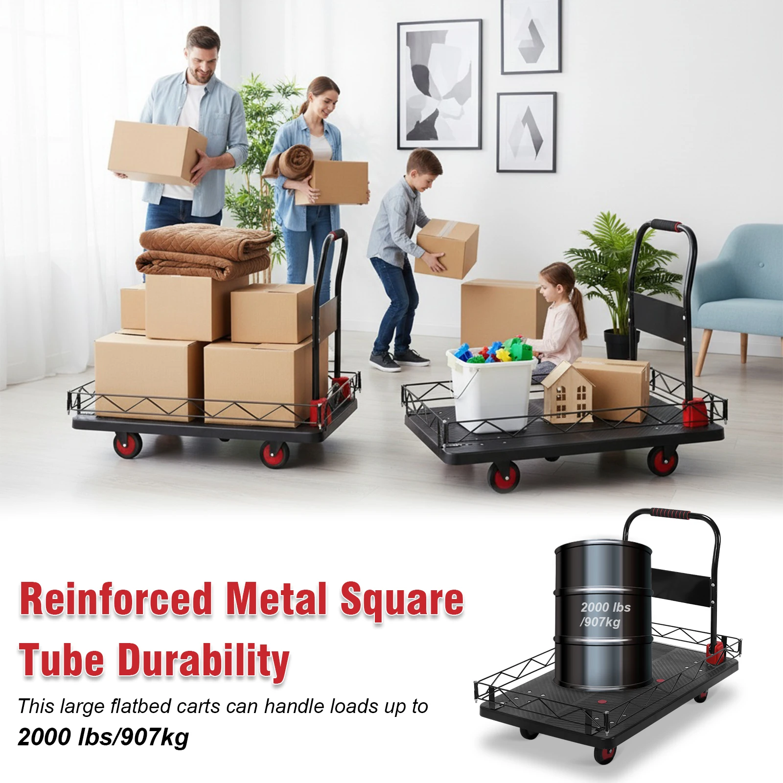 

2 IN 1 Silent TPR Wheels Hand Trucks W/Steel Wire Fence Heavy Duty Push Trolley 2000 Lbs Capacity for Groceries Garage Warehouse