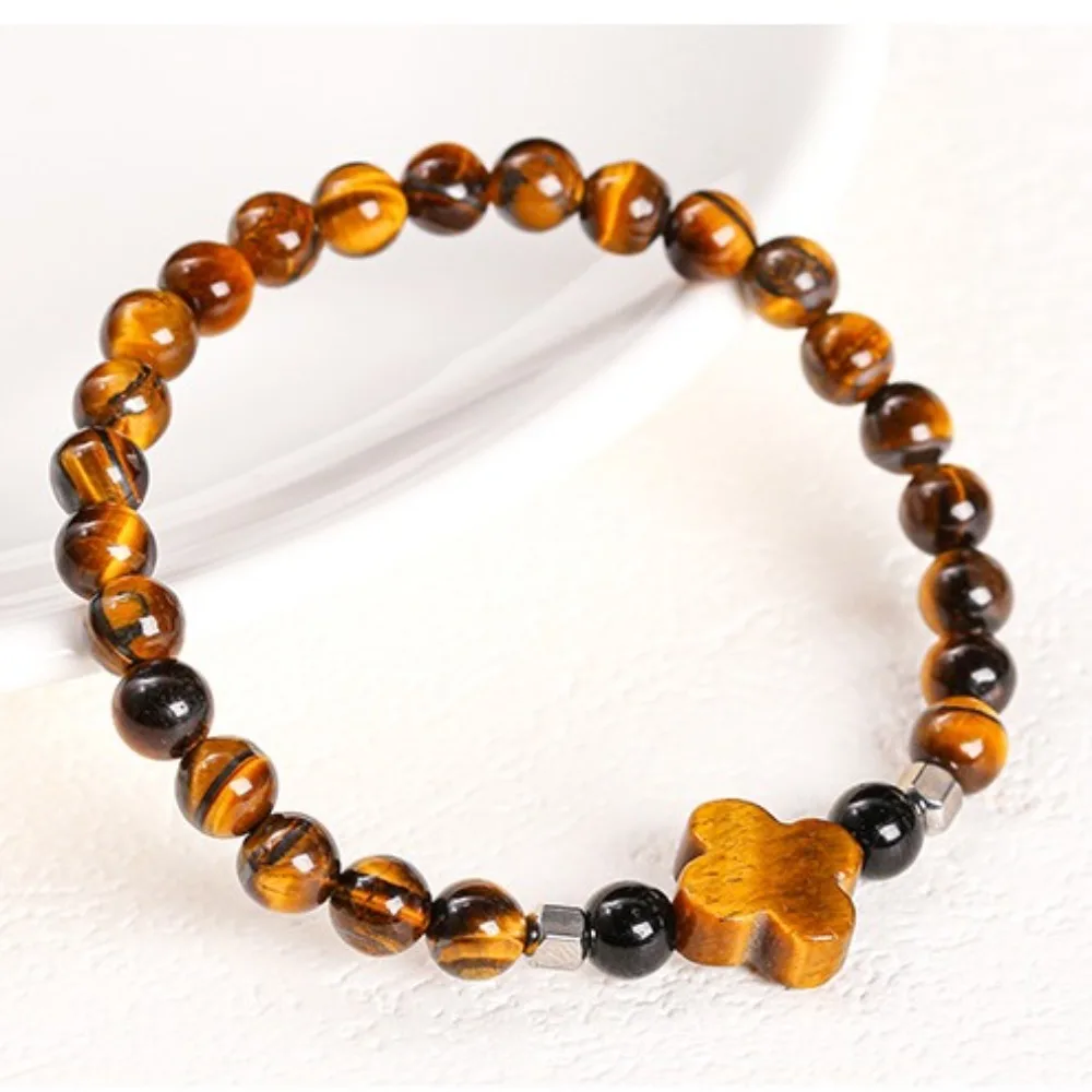 Elastic Yellow Tiger Eye Stone Bracelets Chic Neo-Chinese Style Ethnic Beaded Bangle Classic Jewelry Lucky Clover Bracelet