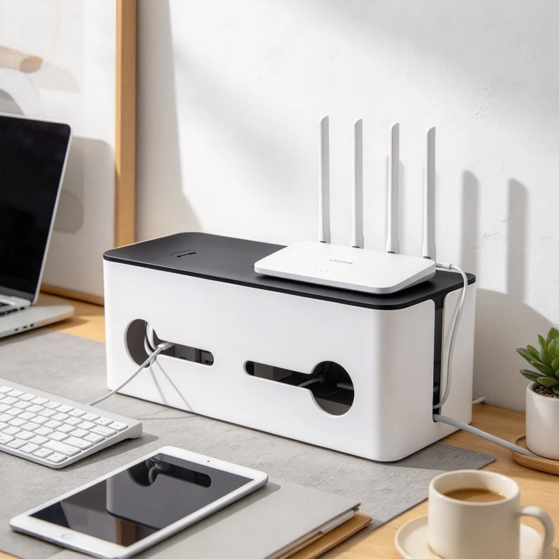 Power Strip Cable Management Box Large ABS Cord Organizer with Four Side Openings Ventilated Shell for Desk and TV Console