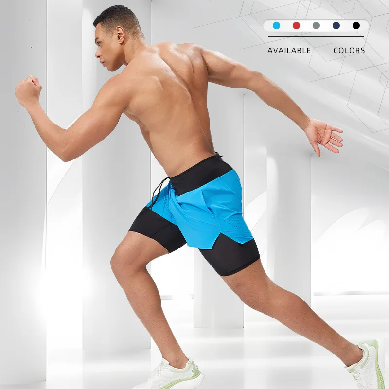Summer marathon running shorts, quick drying waist pack pants, fake two-piece double-layer cycling fitness training cropped