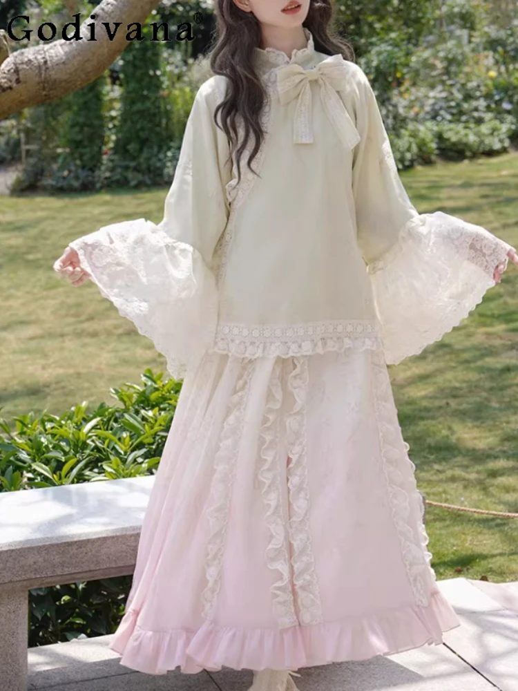 

Spring Autumn New Versatile High Waist A-line Lace Pink Ruffles Skirts Sweet Girl Fashion Lolita Vintage Elegant Long Skirts