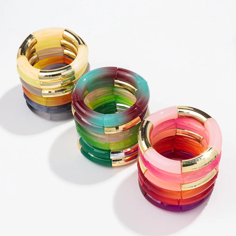 Bohemia New Acrylic Chunky Jelly Bamboo Bracelets for Women Boho Resin Elastic Tube Beads Bracelet Bangle 2024 Trend Jewelry