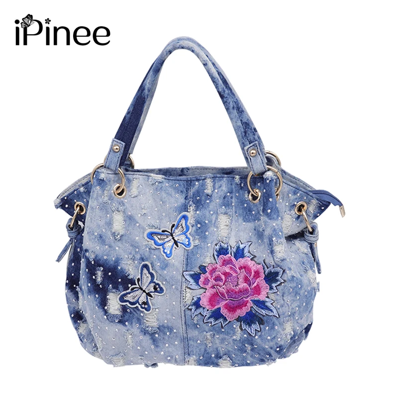 

iPinee Women's Embroidered Flower Shoulder Bag Designer High Quality Female Hobo Tote Denim Large Crossbody Handbag