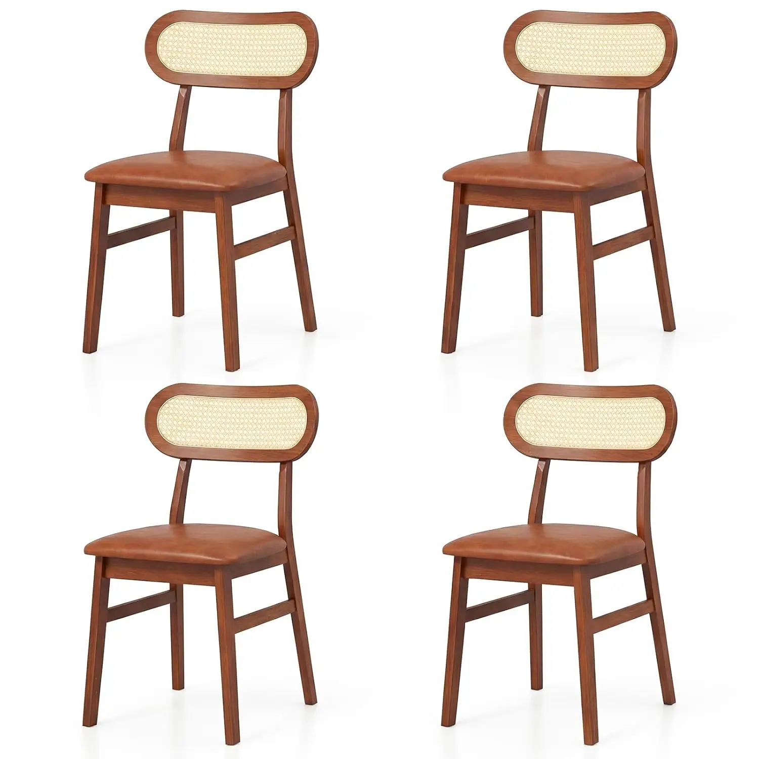 

Wooden Dining Chairs Set of 4, Mid-Century Modern Kitchen Chairs with Upholstered Seat & Rattan Backrest, Faux, Customized