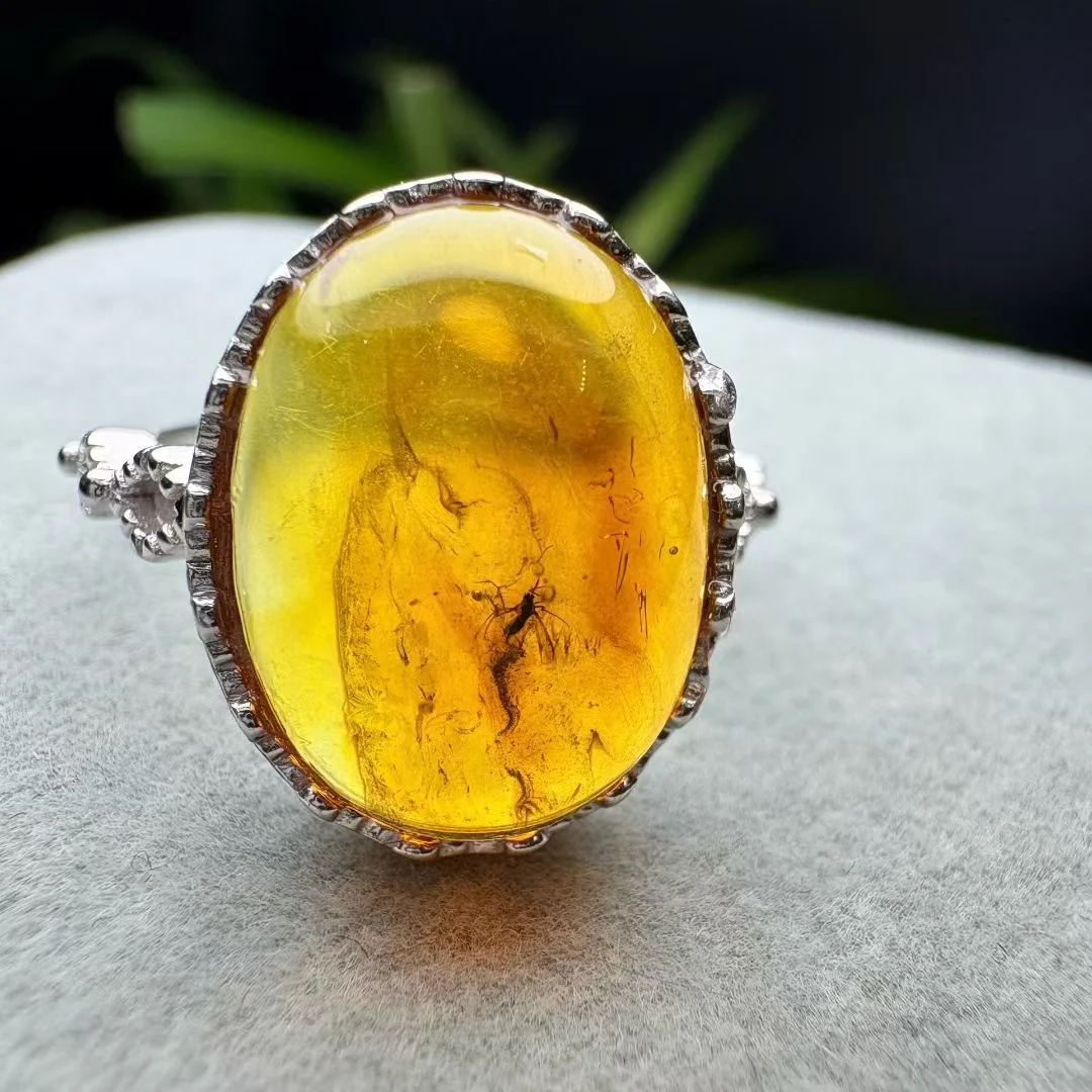 

1 Pc Fengbaowu Natural Worm Amber Oval Cabochon Ring 925 Sterling Silver Crystal Healing Stone Jewelry Gift For Men Women Men