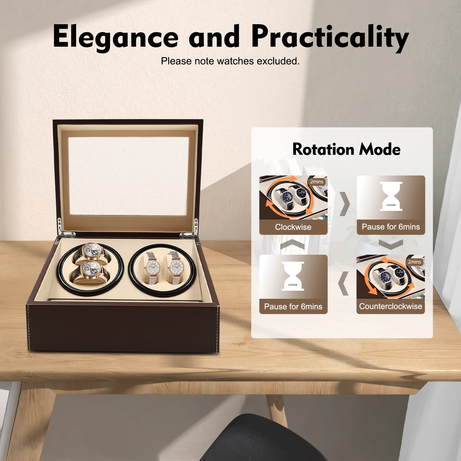 4+6 Automatic Rotation Wood Watch Winder Storage Display Box Brown Watch Display Box with Adaptor