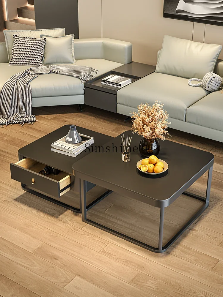 Square black rock slab light luxury modern simple small apartment coffee table size combination