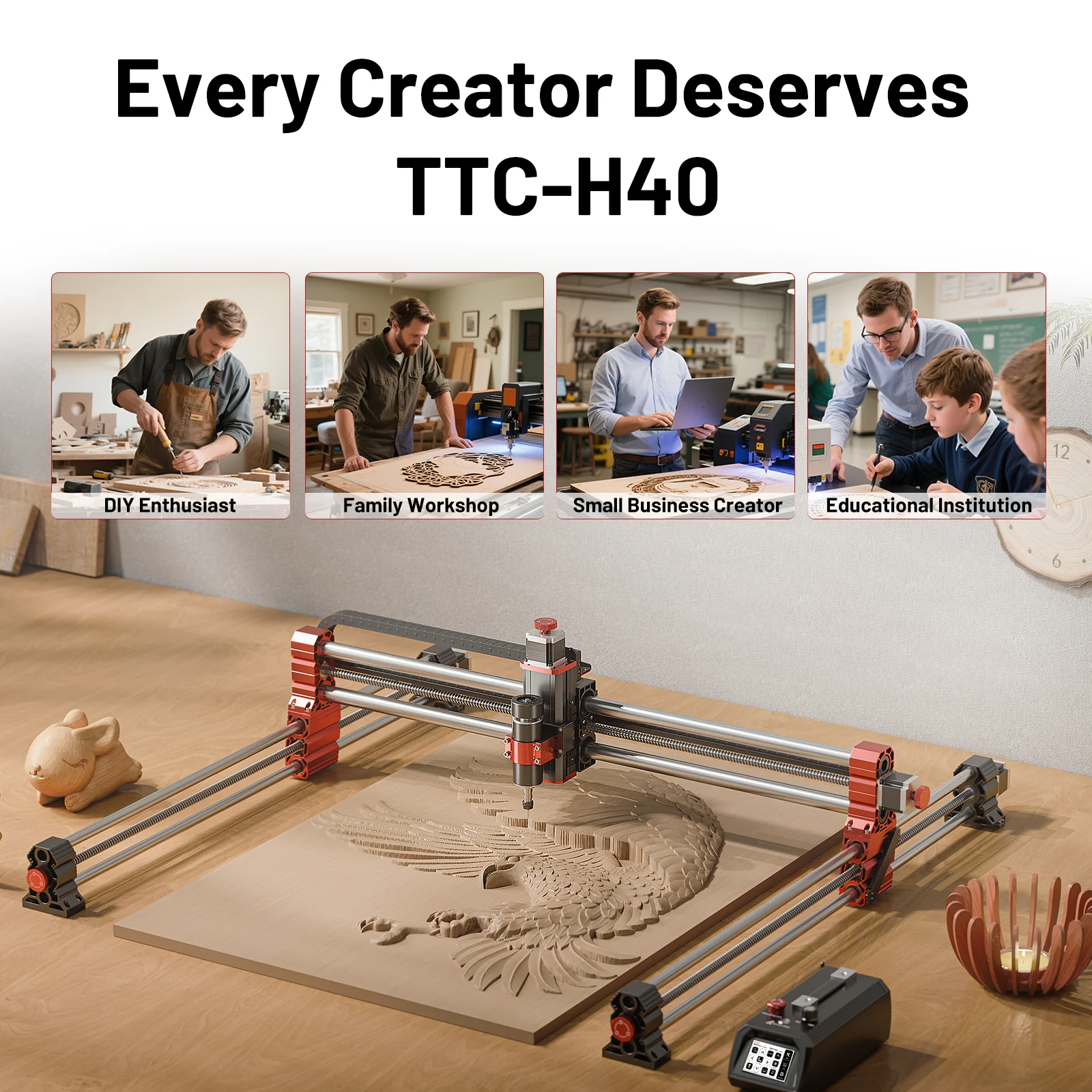 Twotrees TTC-H40 3 axes/4 axes CNC routeur fraiseuse 500W haute précision avec arrêt d'urgence pour bois acrylique métal