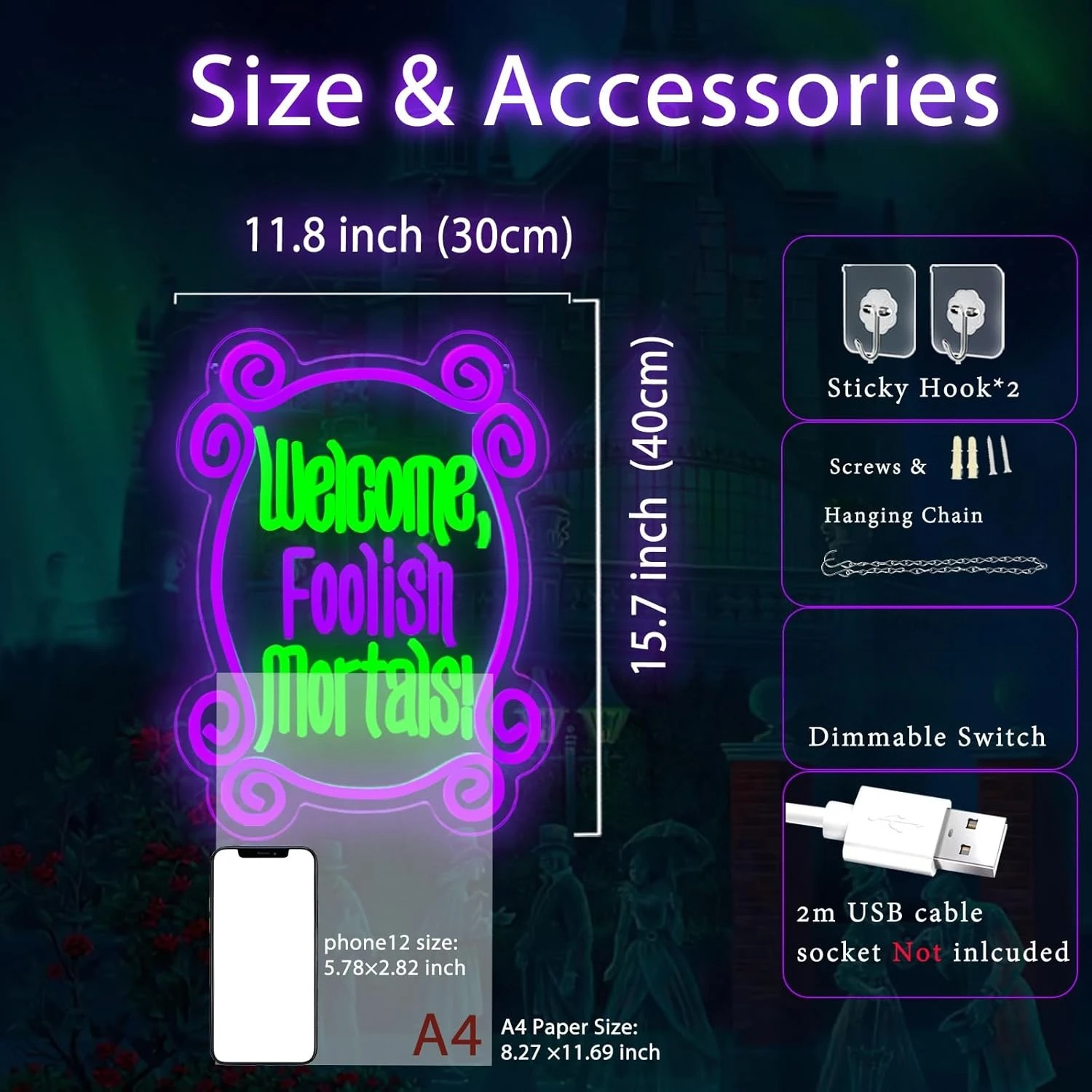 Welcome Foolish Mortals Neon Sign Haunted Mansion Decor USB Dimmable Spooky Gothic Coffin LED Neon Light Halloween Party Decor