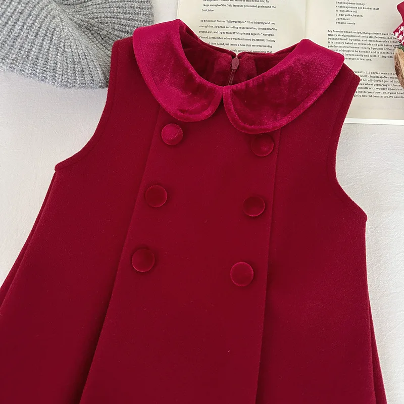 

Girls' Red Woolen Vest Dress Winter New Baby Fleece-Lined Dress Children's Thickened New Year Dress