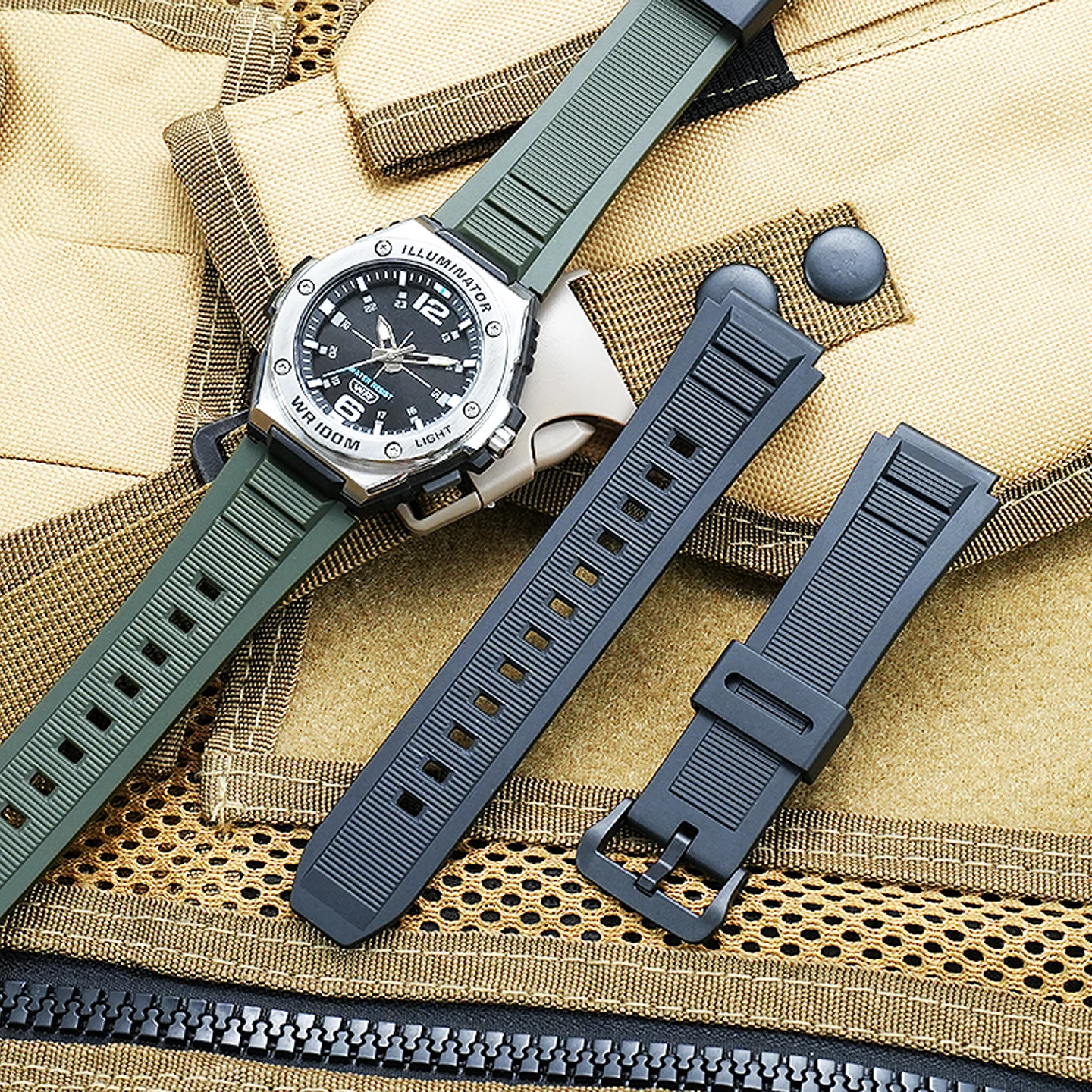 For Casio MWA-100H/MWA-300H Watch Strap, 24×20mm, Buckle Style, Durable Resin/Silicone Replacement Strap for Men