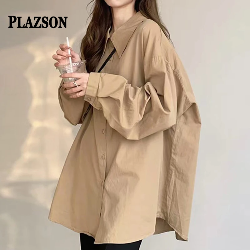 PLAZSON Korean Style Oversized Loose Solid White Black Women Shirt Autumn Long Sleeve V Neck Blouses Casual Streetwear camisas