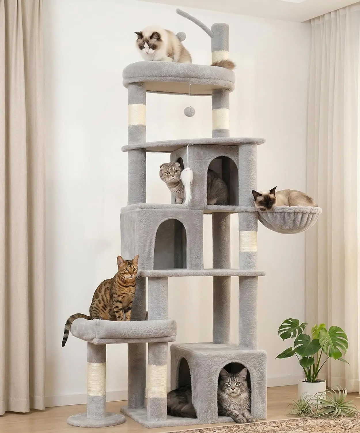 

Heavy Duty Cat Tree for Indoor Cat, 74 Inch Cat Tower with Scratching Post, Hanging Basket, Cat Condo