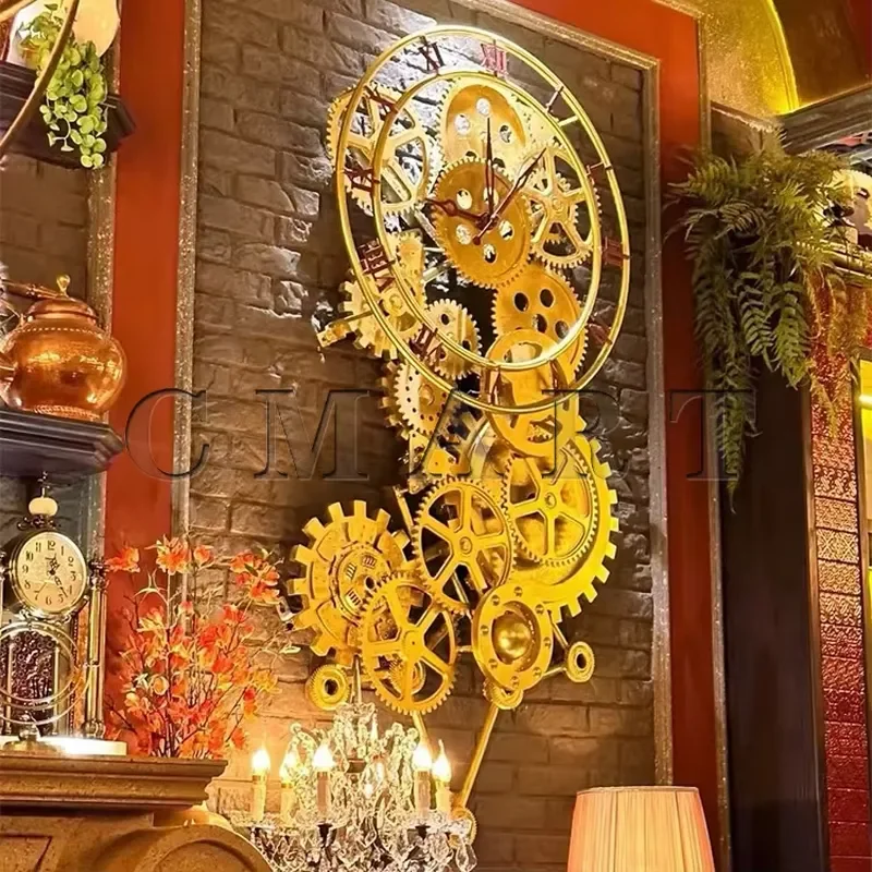 Retro 3D Gear Wall Clock Sculpture Customized Metal Mechanical Silent Clock Stuate Wall Mount Hanging for Bar Interior Design