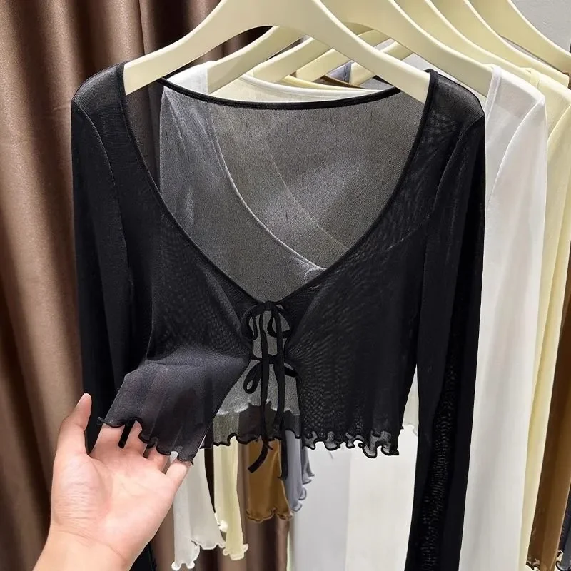See Through Shirts Women Sexy Vintage Y2k Crop Tops Streetwear Harajuku Slim Long Sleeve Single-breasted Blouse Black Wine