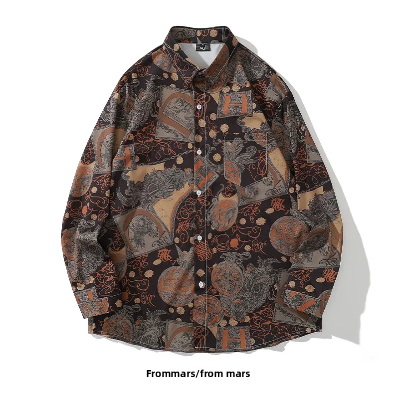 

Ретро-этническая свободная рубашка с длинным рукавом в уличном стиле, универсальная осенняя модная рубашка с острым воротником, трендовый топ в стиле хип-хоп