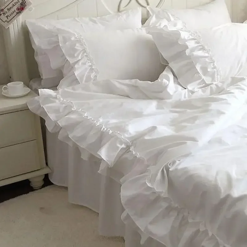 Double Lotus Leaf Block Bedding Set Handmade Satin Cotton Lace Folds Bedding Wedding Decoration Duvet Cover Bed Set