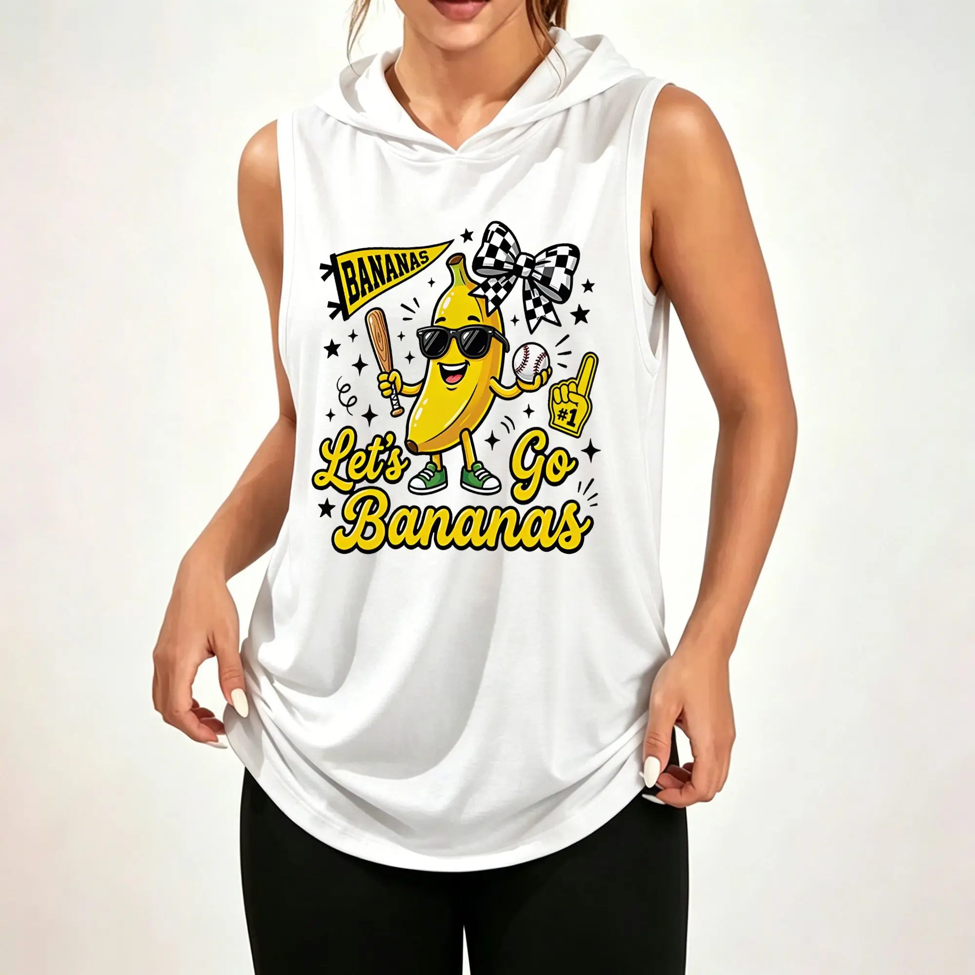 Women's Sleeveless Hoodie, Let's Go Bananas Cartoon Banana Baseball Sport Graphic Print Casual Hooded Tank Top