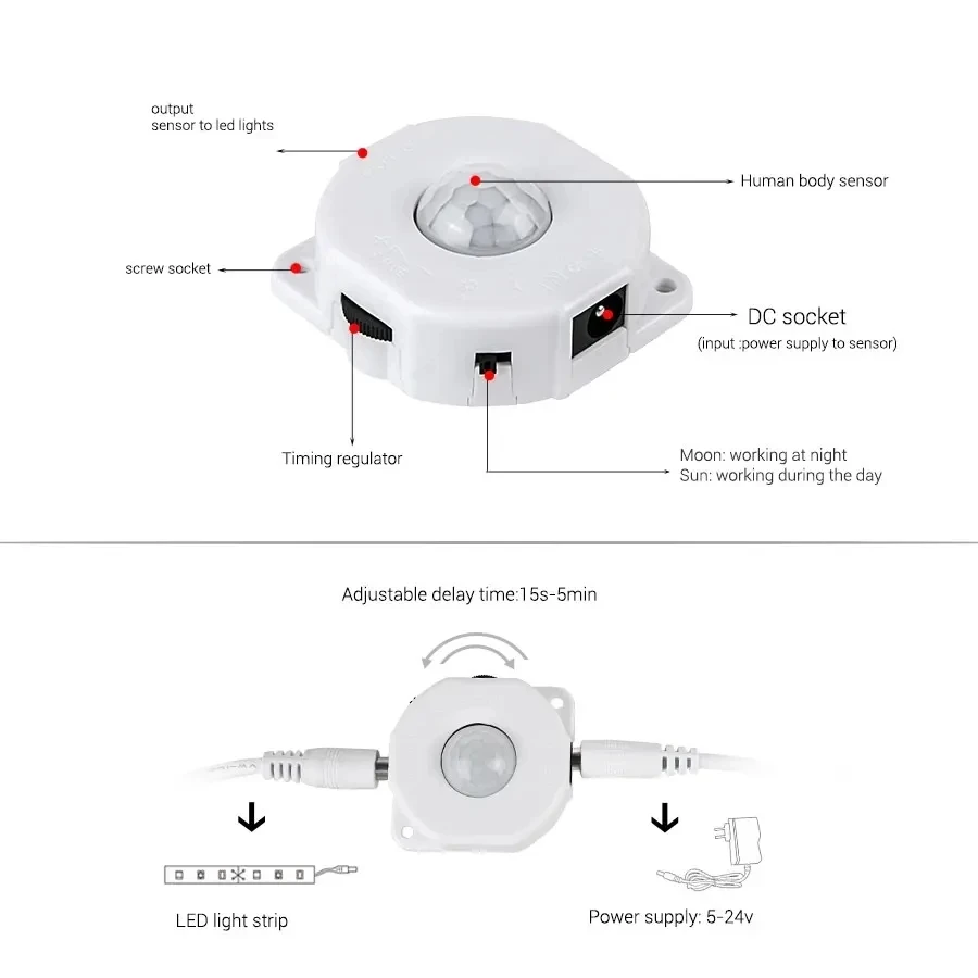 Time Adjustable 5V 12V 24V PIR Motion Sensor DC Movement Detector Activated Switch Automatic ON OFF Motion Sensor Light Switch