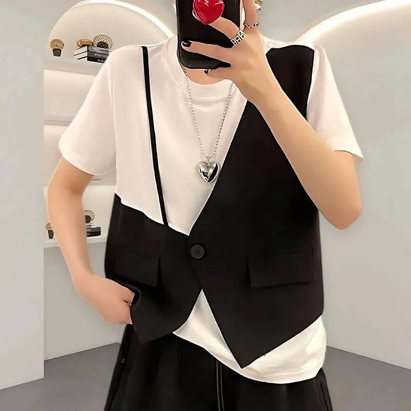 

Women's 2-in-1 Fake Two-Piece T-Shirt Vest Casual Summer Top