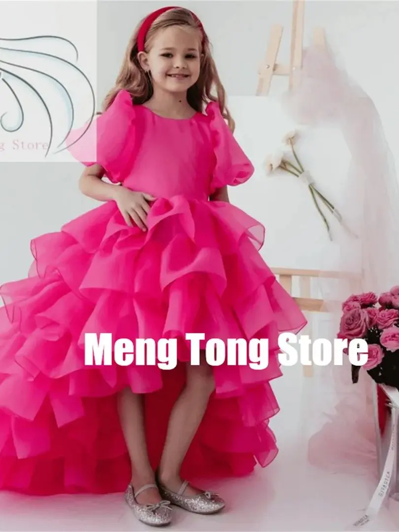 Personalizzazione Abiti da ragazza di fiore rosa rosa Solido a strati con fiocco e coda Manica corta per banchetti di feste di compleanno di nozze